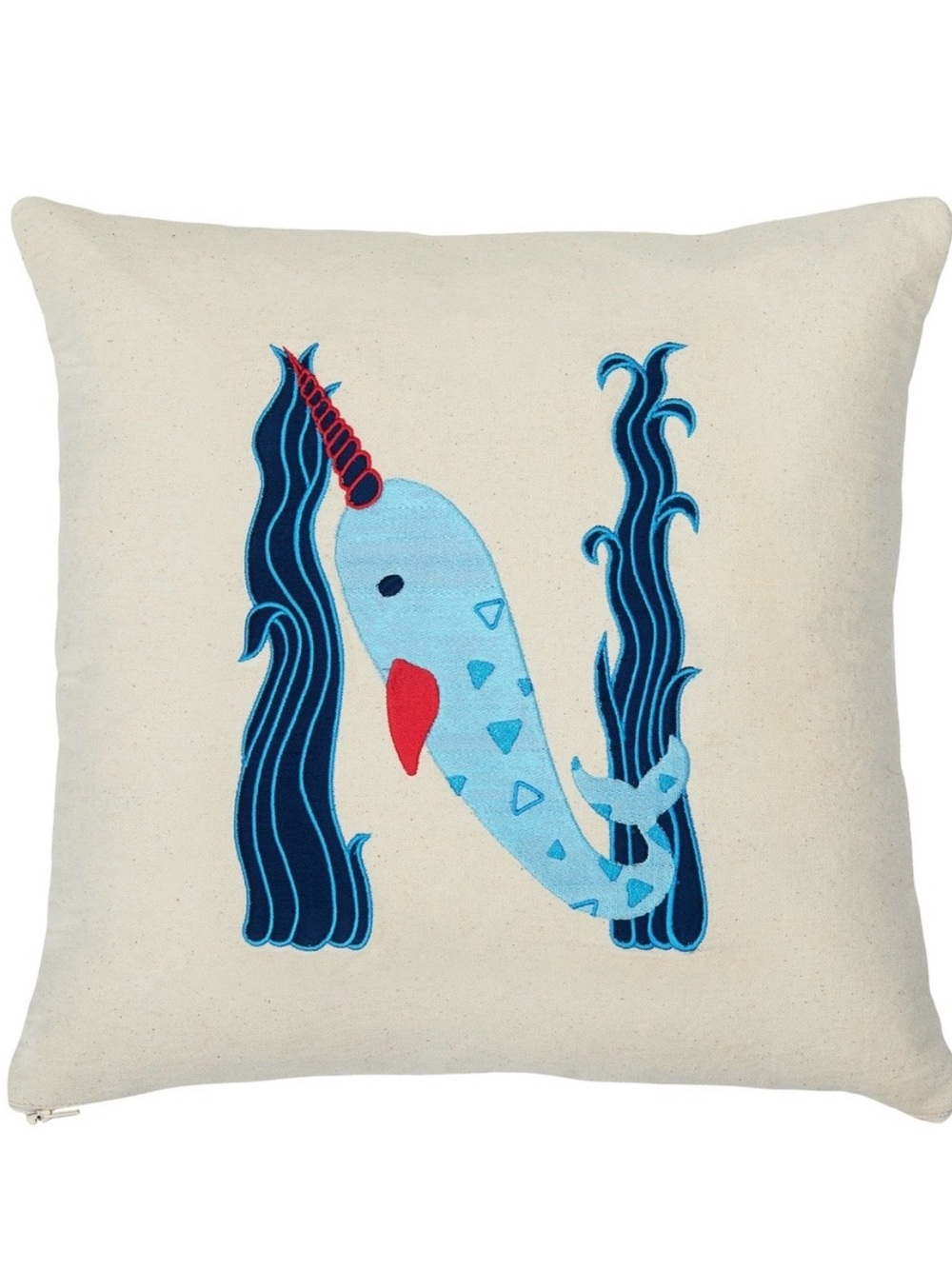 N is for Narwhal Embroidered Decorative Pillow - Cream & Blue